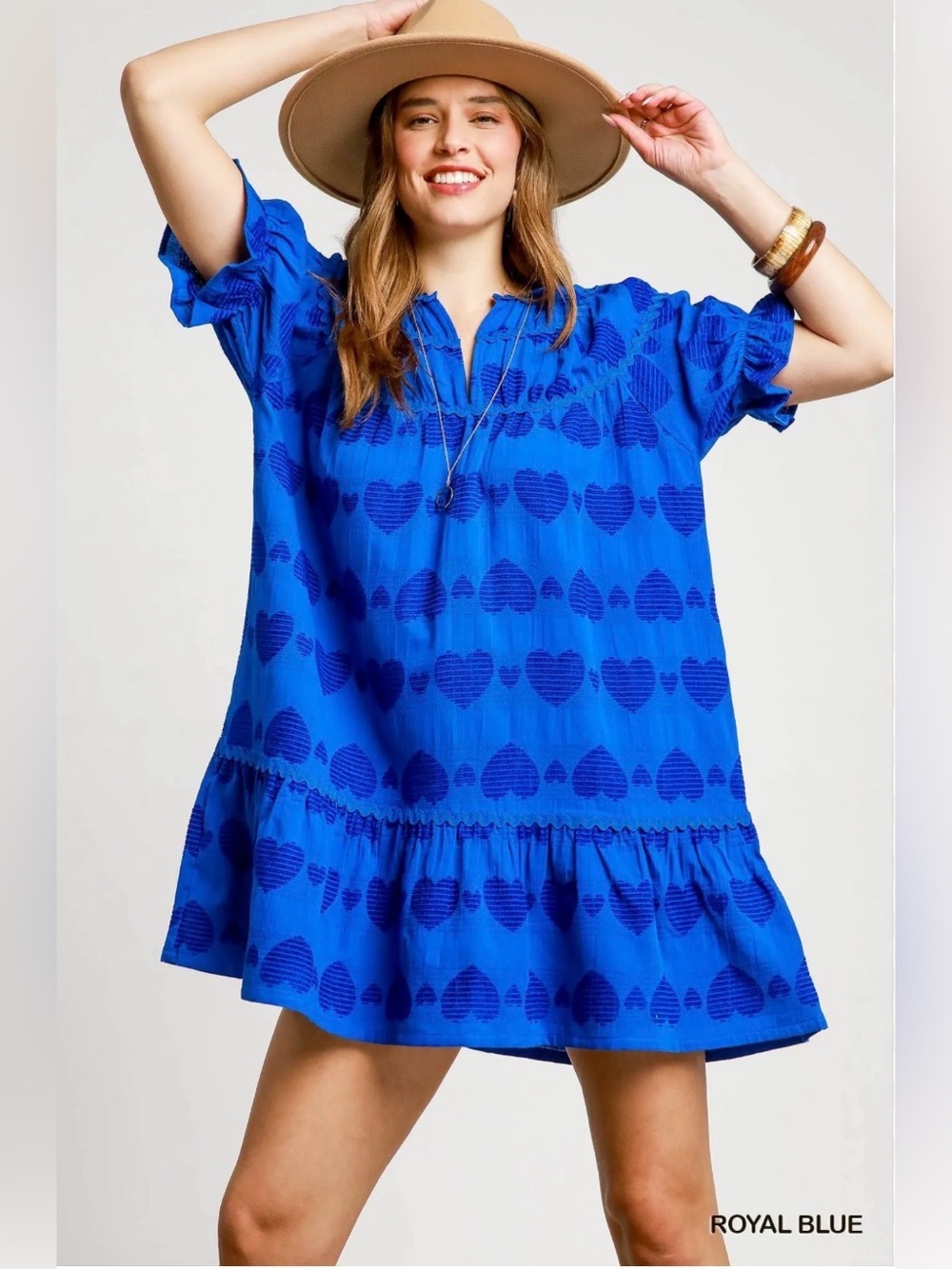 Umgee Royal Blue Heart Pattern Short Sleeve Babydoll Tiered Dress Size M